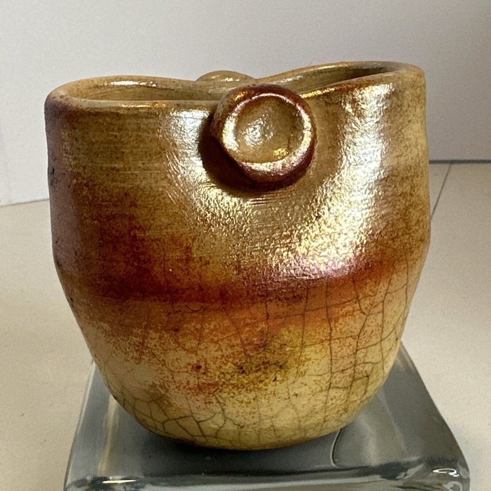 Raku Stoneware Pottery Pot Vase Signed Teri ? Orange/Copper Lava Type Glaze 3.7”